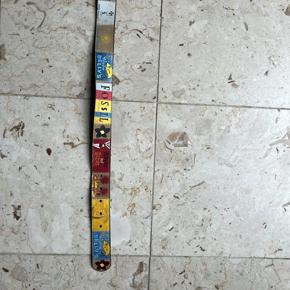 Fossil Multicolor Striped Logo Leather Belt - Red, Yellow, Blue, White
